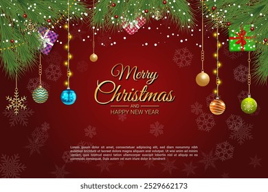 Red Christmas Background with Hanging Ornaments and Festive Gift Boxes
