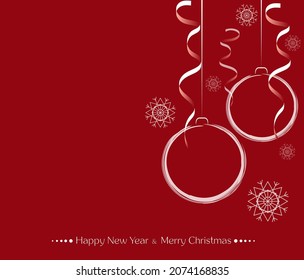 Red Christmas background. Holiday decorations: Christmas balls, streamers, snowflakes.Greeting happy New Year.