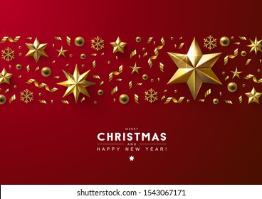 Red Christmas Background with Horizontal Border made of Cutout Gold Foil Stars,  Beads and Confetti. Chic Christmas Greeting Card.