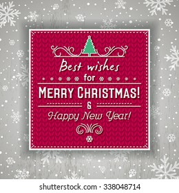 Red christmas background with label and greetings text, vector illustration