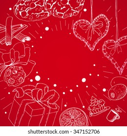 Red Christmas background with linear sketch illustrations at old paper. New Year banner or greetings card.