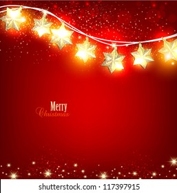 Red Christmas  background with luminous garland. Vector illustration