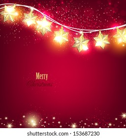 Red Christmas  background with luminous garland. Vector illustration
