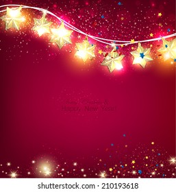 Red Christmas  background with luminous garland. Vector illustration