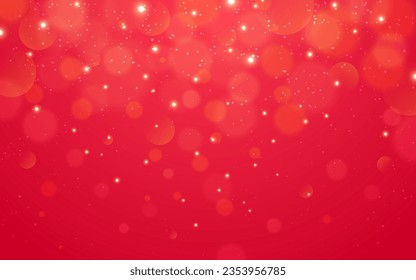 Red Christmas background. Magic winter design. Holiday texture with sparks and bokeh. Falling snow effect with light. Greeting card template. Shining decoration. Vector illustration.