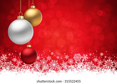 A Red Christmas background, with many multicolored christmas balls hanging from above.