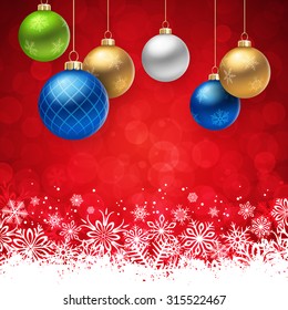 A Red Christmas background, with many multicolored decorated christmas balls hanging from above.