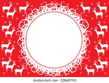 Red christmas background. Many white Deers, the Snowflake and place for your text on a red background
