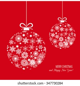 Red Christmas background with new Year decoration and paper snowflakes.