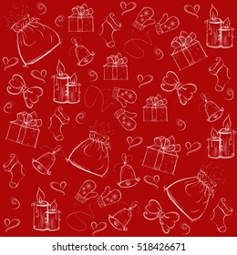 red Christmas   background, painted with festive elements, vector  seamless illustration