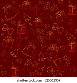 red Christmas   background, painted with festive elements, vector  seamless illustration