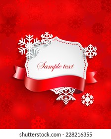 Red Christmas background with paper snowflakes, vintage frame and ribbon , vector.
