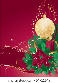 Red christmas background with pine branches and candle.