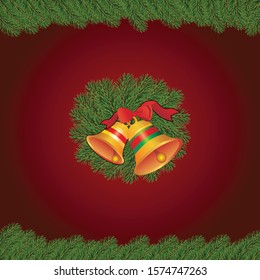 Red Christmas background with pine leaves and bells