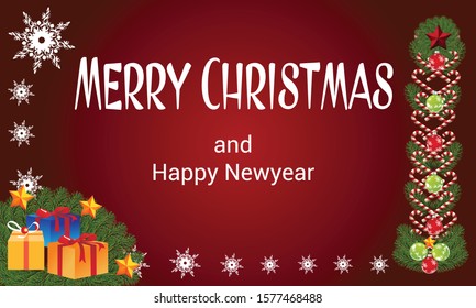 Red Christmas background with pine leaves, gifts and balls