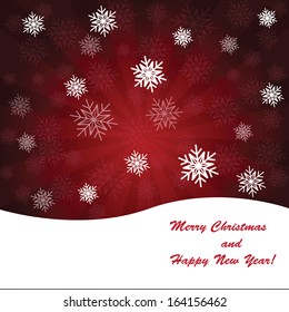 Red Christmas background with rays and snowflakes