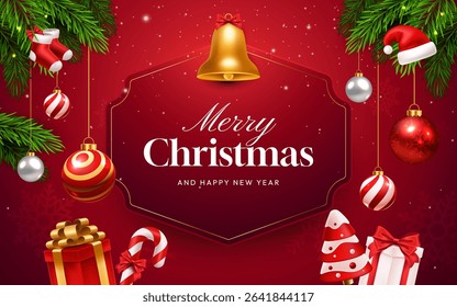 Red Christmas Background with Realistic 3D Ornaments