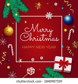 Red Christmas Background with realistic Border of Stars, Snowflakes, Candy Canes, gift box, Fir Branches, balls, glitter gold confetti. Merry christmas and Happy New Year poster greeting cards, banner