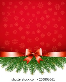 Red christmas background with ribbon and branches. Vector.