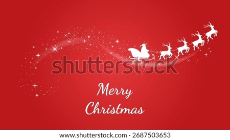 red christmas background with santa on sleigh flying silhouette, flowing stars and snowflakes