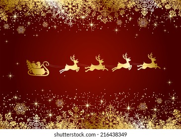 Red Christmas background with Santa and snowflakes, illustration.