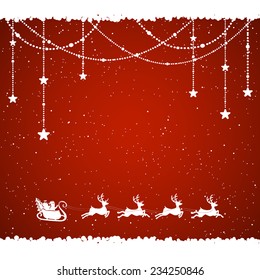 Red Christmas background with Santa and snowflakes, illustration.