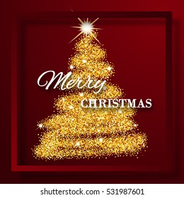 Red Christmas background with shining gold Christmas tree