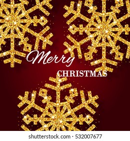Red Christmas background with shining gold snowflakes. 