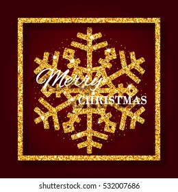 Red Christmas background with shining gold snowflakes. 