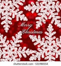 Red Christmas background with shining white snowflakes. 