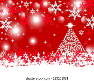 Red christmas background with shiny Christmas tree 