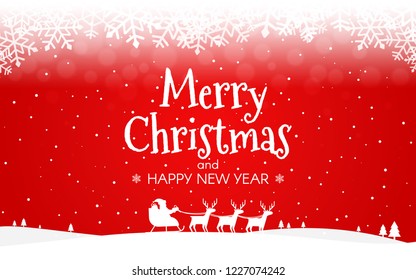 Red Christmas background. Silhouette of Santa and deer. Snowy red landscape with snowflakes and trees. Happy New Year poster. Vector illustration.