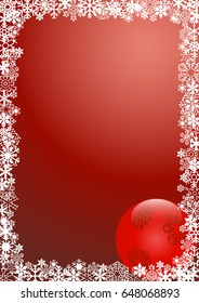 Red Christmas background with snow flakes border and a christmas bauble in one corner