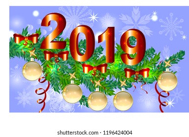 A red Christmas background with snowflakes, coniferous branches, decorated with balls, stars, ribbons. The inscription 2019