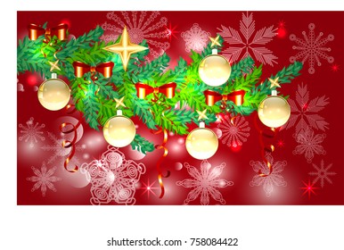 A red Christmas background with snowflakes, coniferous branches, decorated with balls, stars, ribbons.
