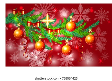 A red Christmas background with snowflakes, coniferous branches, decorated with balls, stars, ribbons.