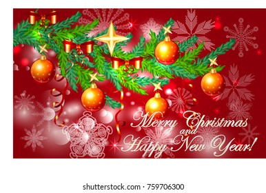 A red Christmas background with snowflakes, coniferous branches, decorated with balls, stars, ribbons. The inscription of Merry Christmas and a Happy New Year