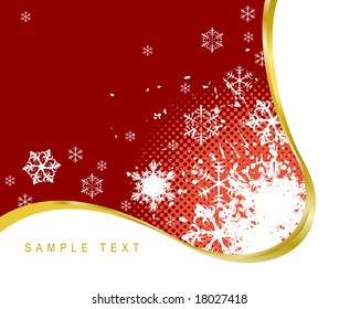 Red Christmas background with snowflakes and golden ribbon