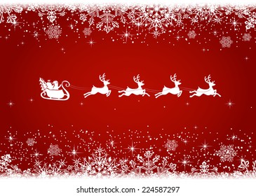 Red Christmas background with snowflakes and silhouette of Santa and deer, illustration.