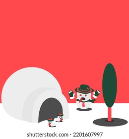 
Red Christmas background with snowman, snow house, mittens, gloves, socks and trees. Flat vector illustration.