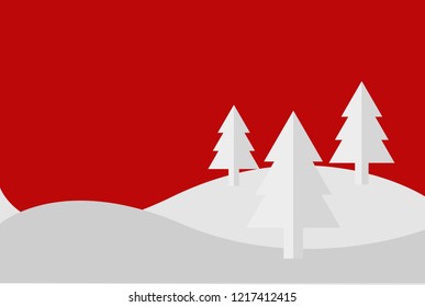 Red Christmas background of snowy mountains with pines