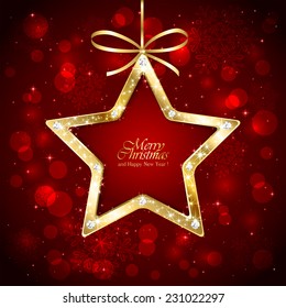 Red Christmas background with sparkling diamond star, snowflakes and blurry lights , illustration.