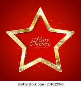 Red Christmas background with sparkling diamond star, illustration.