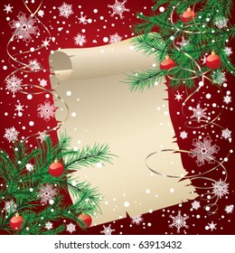 Red christmas background with spruce branches and old paper