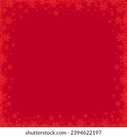 Red Christmas background with  square frame of snowflakes. Merry Christmas and Happy New Year greeting banner. Horizontal new year background, headers, posters, cards, website.Vector illustration
