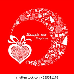 Red Christmas background with star, snowflakes, gift box, deer, Christmas tree and Christmas heart. Vector Illustration 