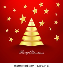 Red Christmas background with stars and gold pyramid