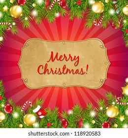 Red Christmas Background With Sunburst Wit Fir-Tree With Gradient Mesh, Vector Illustration