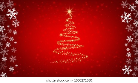Red Christmas Background template with white snowflakes and golden christmas tree, vector illustration