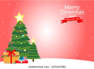 Red christmas background There are gift boxes and Christmas trees and white snow.